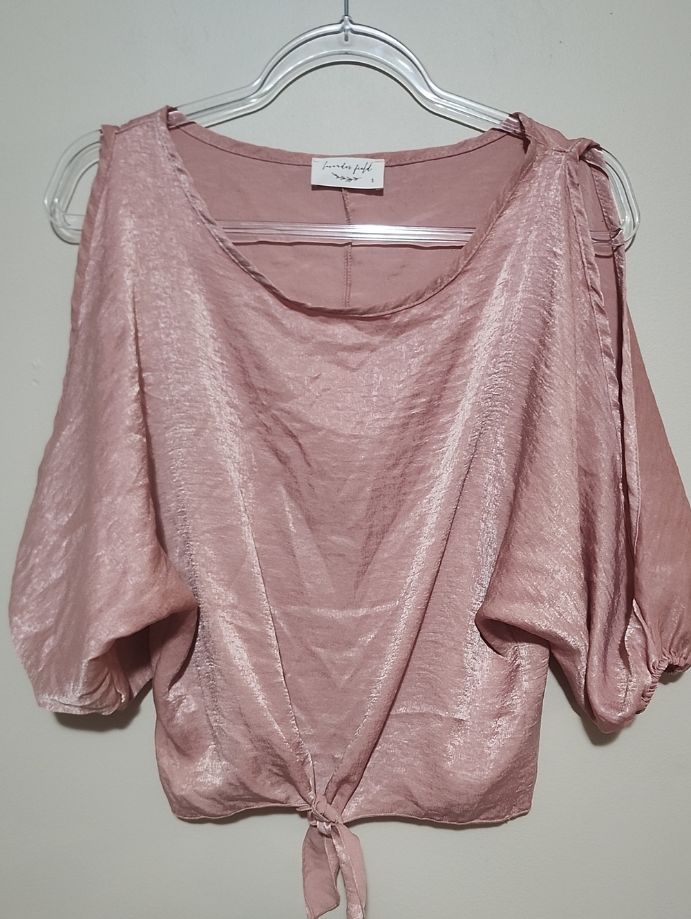 Lavender Field Shimmer Boho Batwing Cold Shoulder Crop Tie Top Small Blush Pink